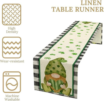 St.Patrick's Day Table Runner,Vintage Black White Plaid Green Polka Dot Gnome Shamrock Seasonal Spring Table Center Decor for Home Kitchen Dining Patio Party Indoor Decorations, 13"x90"