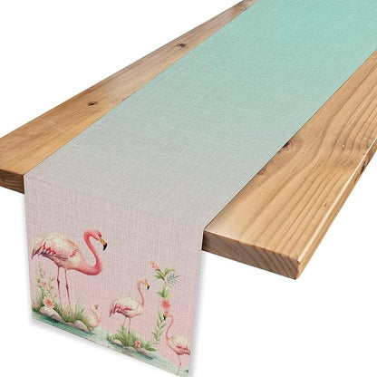 Flamingo Table Runner,Teal Pink Flamingo Family with Flowers Grass Watercolor Style Table Center Decor for Family Kitchen and Living Room Outdoor Farmhouse Party Table Decorations, 13"x72"