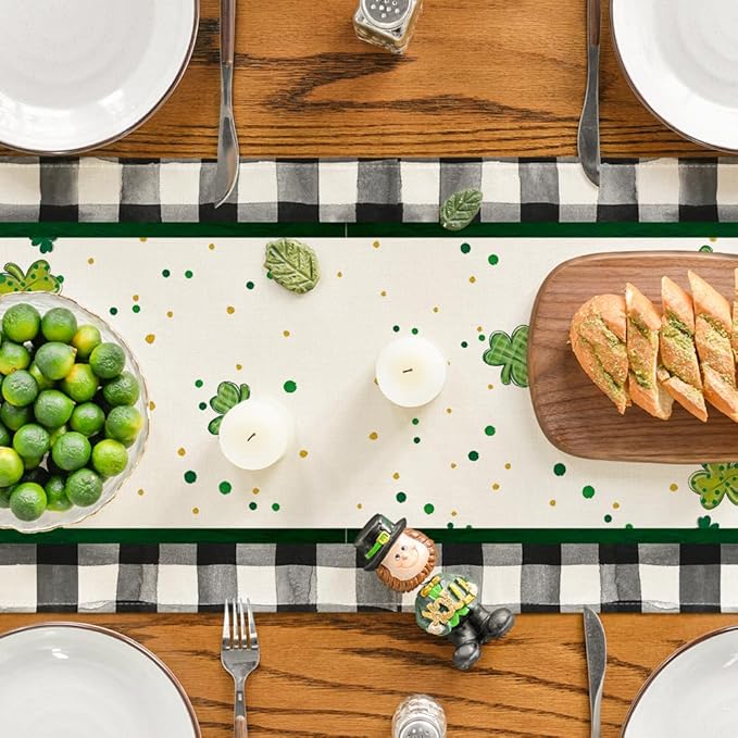 Artoid Mode Buffalo Plaid Shamrock Gnome St. Patrick's Day Table Runner, Seasonal Spring Holiday Kitchen Dining Table Decoration for Indoor Outdoor Home Party Decor 13 x 48 Inch