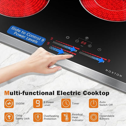 Noxton 24 Inch Electric Cooktop, 3 Burner Built-in Radiant Stove Top, Stainless Steel Frame, Dual Zone Ceramic Glass Hob, Touch Slide Control, 9 Power Levels, Timer, Child Lock, 5500W, 240V Hardwired