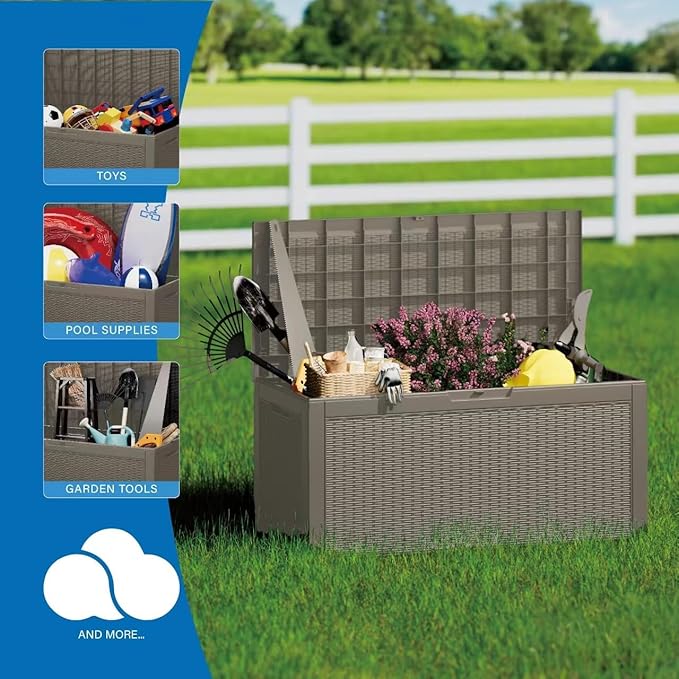100 Gallon Patio Storage Bench - Waterproof Outdoor Deck Box & Storage Cabinet, Lockable Resin Chest for Pool/Garden Accessories, UV-Resistant, Weathered Grey