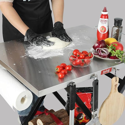 Outdoor Grill Table, Foldable Pizza Oven Stand & Griddle Stand with Garage Rack & Tissue Holder, Folding Outdoor Prep Table for Gathering and Party, 30" x 24", Stainless Steel