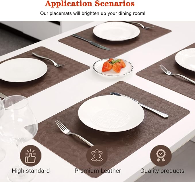 Vinyl Placemats Set of 12 Heat Resistant Easy Clean Non-Slip Place Mats for Dining Table. Faux Leather Waterproof Stain Resistant Wipeable Washable PU Table Mats(12, Brown)