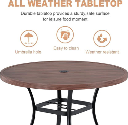 VICLLAX Round Patio Dining Table, 41 inch Metal Outdoor Dining Table with Umbrella Hole for Garden Lawn Balcony Deck, Walnut