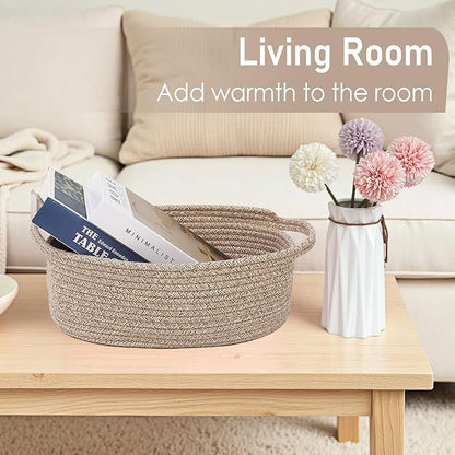 Woven Basket,Small Rope Storage Bin with Handles & Ribbon Bag, Organizer for Shelves Closets,Gift Basket Empty for Birthday,Books,Dog Toys,Oatmeal