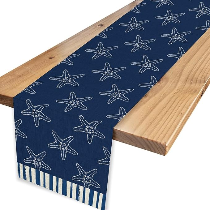 Starfish Table Runner, Summer Coastal Navy Blue Nautical Tropical Rustic Farmhouse Coffee Table Center Decor for Home Kitchen Dining Patio Holiday Party Table Decorations 13"x72"