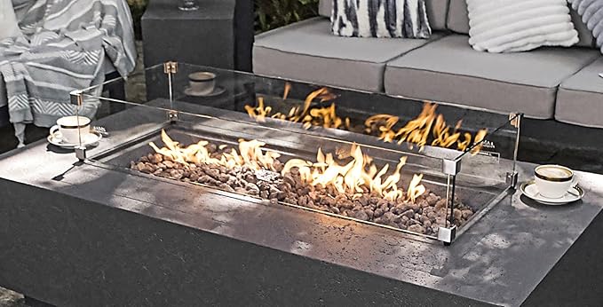 AMS Fireplace | Rectangular Fire Pit Glass Wind Guard for Madison Fire Pit (Light Gray) | Shielded from Patio Heater Flames | Tempered Glass with Polished Edges for Safety | Fire Table Glass Shield