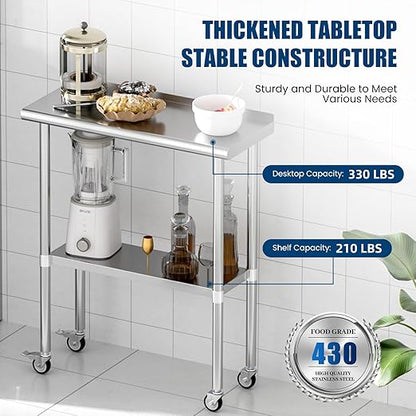Stainless Steel Work Table with Wheels, 14x30 Inch NSF Food Prep Table with Backsplash & Adjustable Undershelf for Commercial Kitchen, Restaurant, Garage