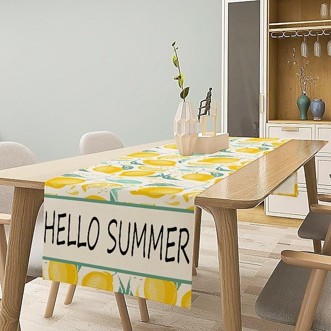 Spring Yellow Lemon Table Runner, Hello Summer Seasonal Exotic Fresh Fruits Plants Branch Leaves Print Table Cover for Farmhouse Kitchen Table Party Decor, 13x120inch