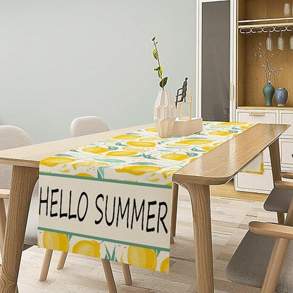 Spring Yellow Lemon Table Runner, Hello Summer Seasonal Exotic Fresh Fruits Plants Branch Leaves Print Table Cover for Farmhouse Kitchen Table Party Decor, 13x108inch
