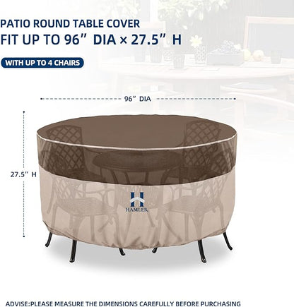 HAMLER Round Outdoor Table Cover, Heavy Duty Outdoor Table Chair Set Covers with Air Vents and Handles, Patio Table Cover Fits up to 96" D x 27.5" H, Brown & Beige