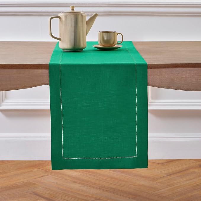 Solino Home Linen Emerald Green Hemstitch Table Runner 60 Inches - 100% Pure Linen Small Table Runner 14 x 60 Inch Ideal for Dresser and Coffee Tables - Classic Hemstitch - St Patricks Day