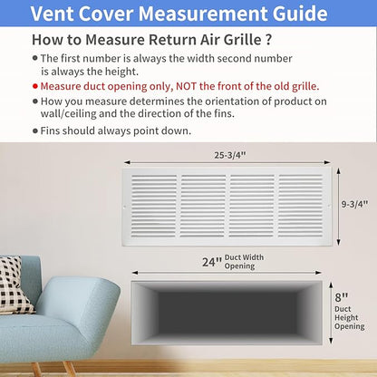 24"W x 8"H [Duct Opening Size] Steel Return Air Grille, Air Return Vent Cover for Ceiling and Sidewall - HVAC Air Vent Covers - [Outer Dimensions: 25.75"W x 9.75"H]