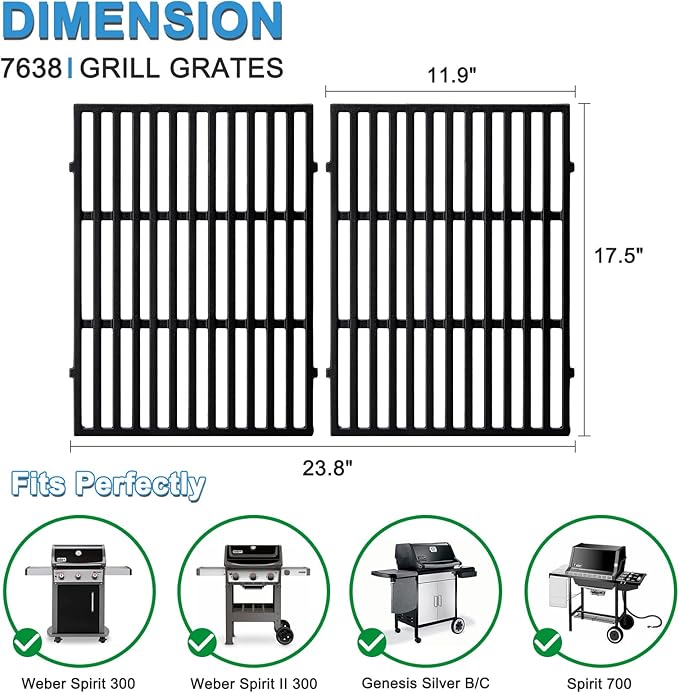 Adviace 17.5 Inch 7638 Cast Iron Grill Grates Replacement for Weber Spirit I & II 300 Series, Spirit E/S-310, E/S-320, E/S-330, Genesis Silver B/C, Spirit 700, Genesis Gold B/C, Genesis Platinum B/C.