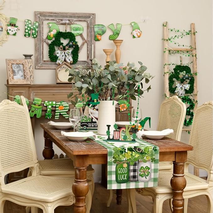 GEEORY St. Patrick's Day Table Runner 13 x 108 Inch, Shamrocks Plaid Mason Jar Decorative Holiday Table Decoration for Kitchen Dinning, Indoor Outdoor Dinner Party Décor GT142-108