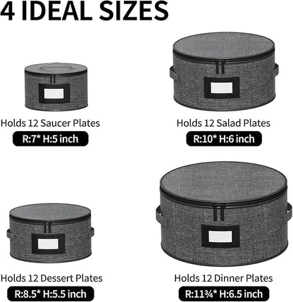Aokeyee 4 Pcak China Storage Containers, Hard Shell Plates Storage Box with 48 Soft Divider for Saucer, Dessert, Salad, Dinner, Sturdy Quilted Stackable Dish Organizer for Moving & Protection, Grey
