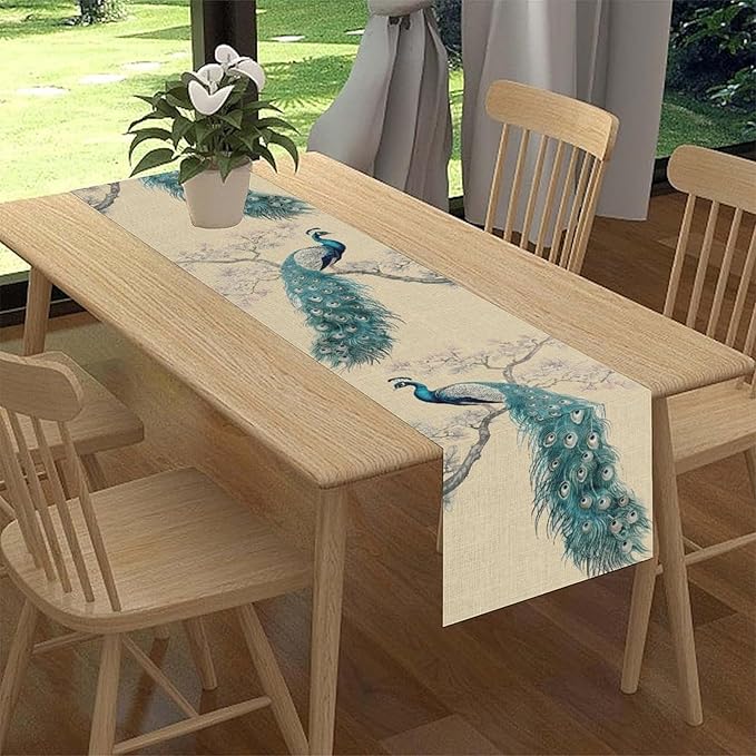 Peacock Table Runner,Retro Rustic Traditional Chinese Style Blossom Branch Table Runner Decor for Home Kitchen Dining Patio Holiday Party Indoor Table Decorations, 13"x36"