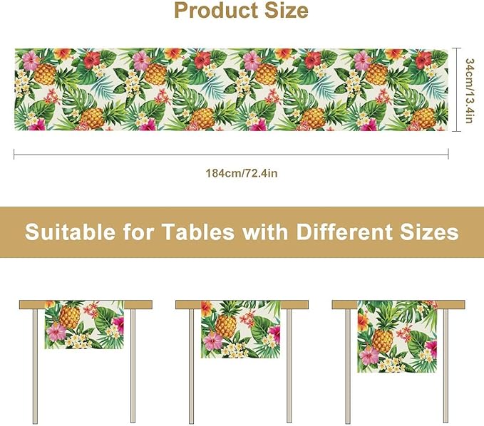 Summer Pineapple Table Runner, Tropical Palm Leaves Flowers Fruit Table Runner for Kitchen Dining Party Holiday Home 13x90in