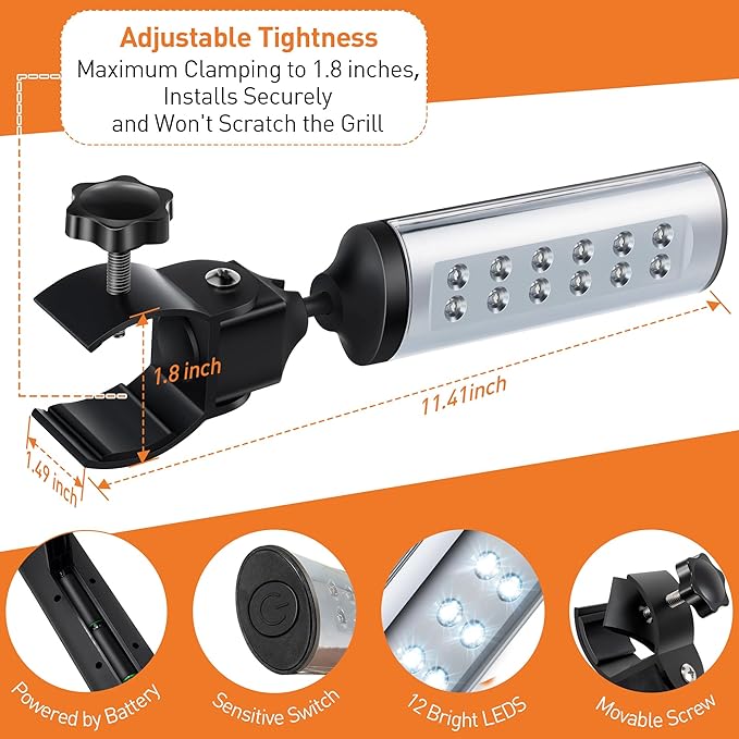 Meonum 2 Pack BBQ Grill Light Compatible with Blackstone Griddle for Outdoor Grill, Gifts for Men Dad Husband, Battery Operated Barbecue Lights with 360 Degrees Adjustable C Shape Clamp