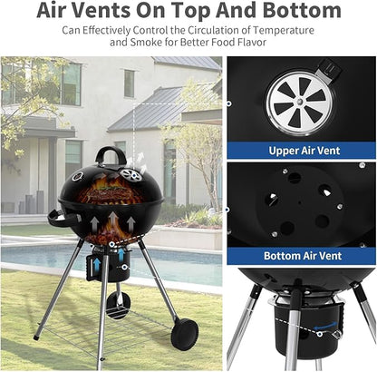 18.5-Inch Portable Charcoal Grill, Heavy Duty Kettle BBQ Smoker with Built-in Thermometer & Removable Water-Rinsable Ash Catcher for Outdoor Camping, Patio, Backyard, and Tailgating