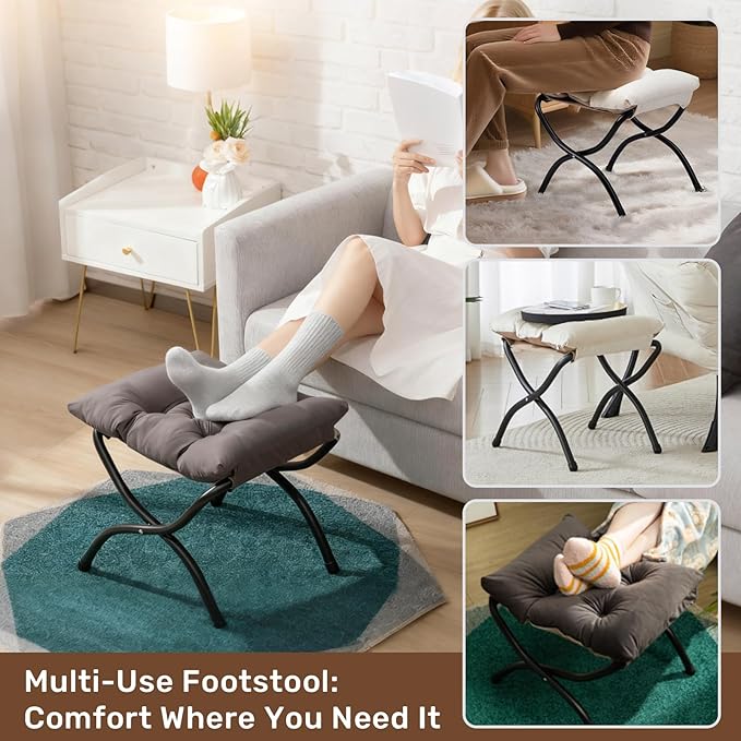 HollyHOME 15"(H) Folding Footrest Stool, Upholstered Small Foldable Ottoman, Accent Padded Sofa Foot Stool for Lazy Chair, Metal Frame Portable Foot Rest Ottoman for Living Room, Bedroom, Dark Grey