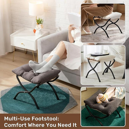 HollyHOME 15"(H) Folding Footrest Stool, Upholstered Small Foldable Ottoman, Accent Padded Sofa Foot Stool for Lazy Chair, Metal Frame Portable Foot Rest Ottoman for Living Room, Bedroom, Dark Grey