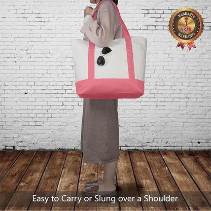 TOPDesign 6-Pack Canvas Tote Bags with an External Pocket, Reusable Grocery Shopping Bags, Top Zipper Closure, Daily Essentials (Rose Pink/Natural)