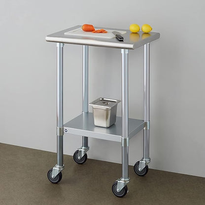 ROCKPOINT Stainless Steel Table for Prep & Work with Caster Wheels 18x24 Inches, NSF Metal Commercial Kitchen Heavy Duty Table with Adjustable Under Shelf and Table Foot for Restaurant, Home and Hotel