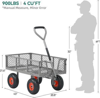Heavy Duty 900 lbs Capacity Mesh Steel Garden Cart - 10" Pneumatic Tires, 180° Rotating Handle, Removable Sides, 4 CU'FT Utility Wagon for Yard & Garden Christmas Hauling