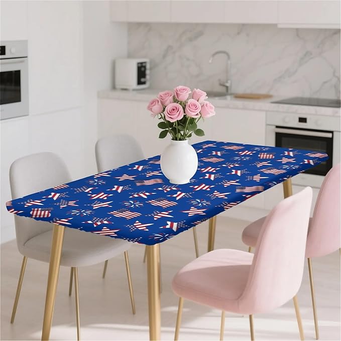 Rectangle Table Cloth Cover Waterproof Elastic Fitted Polyester Fitted Tablecloths for 8 Foot Tables for Indoor,Picnic, Camping, Outdoor （96" x 30"，American Flag）