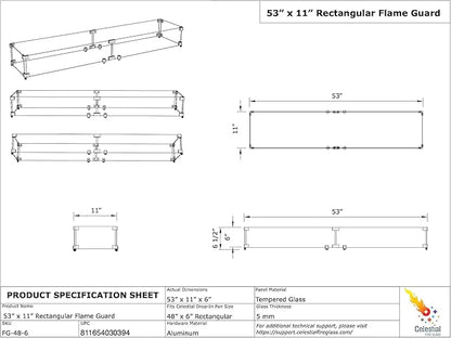 Celestial 53.25" x 11" x 6" Wind Guard, fits Celestial 48” x 6” Fire Pit Burner Pans