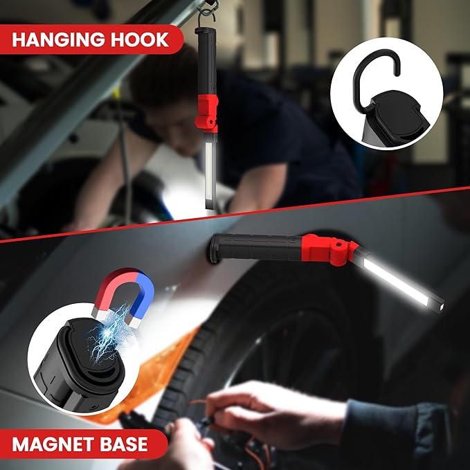 Rechargeable Work Light 2200mAh Magnetic LED Work Light Flashlight Mechanic Light Tool for Men Him, Foldable Lamp with Hook for Car Repair Emergency BBQ Grill (2 Pack)