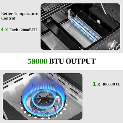 ROVSUN 4-Burner Propane Gas BBQ Grill with Side Burner & Enameled Cast Iron Grates, 58,000 BTU Barbecue Grill with Wheels for Outdoor Patio Backyard Cooking Grilling, Black