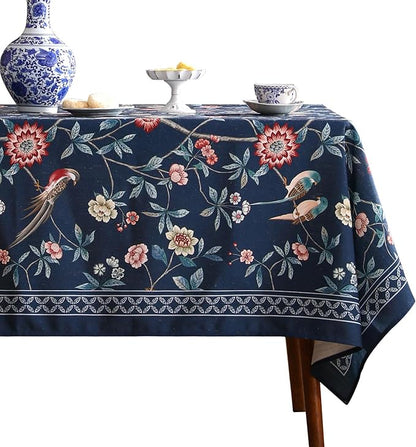patdrea Designer Vintage Dark Blue Linen Square Tablecloth,Navy French Floral and Birds Pattern Table Cloth,Decoration Table Cover for Kitchen,Dining,Tea Party,Home,Christmas,55"*55"