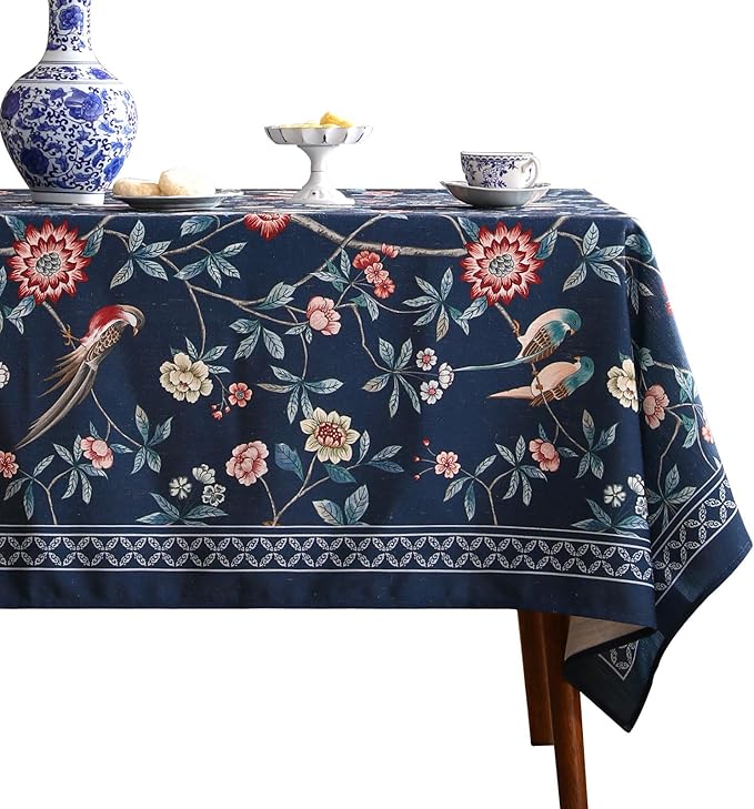 patdrea Designer Vintage Dark Blue Linen Rectangle Tablecloth,Navy French Floral and Birds Pattern Table Cloth,Decoration Table Cover for Kitchen,Dining,Tea Party,Home,Christmas,63"*102"