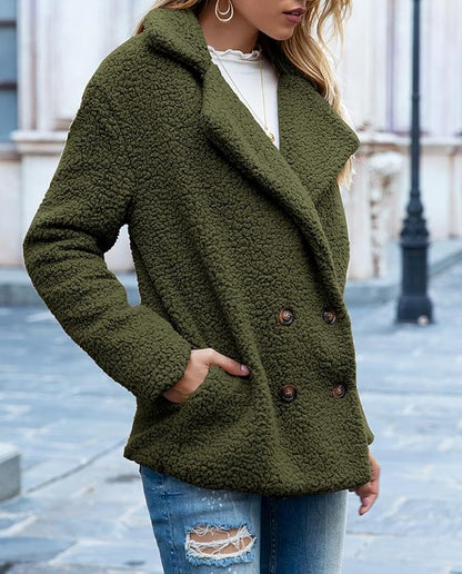 Women's Winter Warm Plush Cardigan Fuzzy Fleece Lapel Jacket with Buttons Pockets Long Sleeve Casual Outerwear