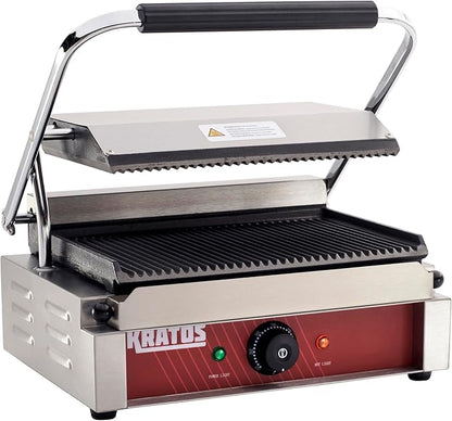 Kratos Commercial Electric Panini Sandwich Grill with Grooved Plates, 14" x 9" Cooking Surface, Commercial Countertop Panini Press, 120V, 1750W (29Y-020)