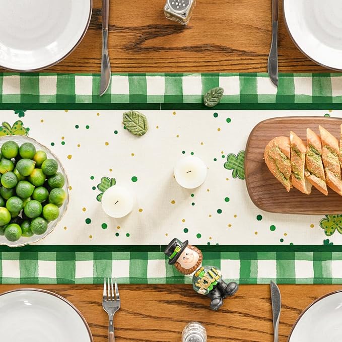 Artoid Mode Shamrock Lucky Buffalo Plaid Gnomes St. Patrick's Day Table Runner, Kitchen Dining Table Decor for Outdoor Home Party Decor 13 x 90 Inch