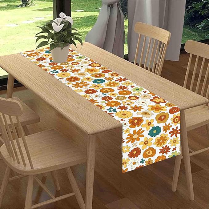Groovy Floral Table Runner, Retro 70s Hippie Floral Funky Cute Flower Trippy Orange Coffee Table Center Decor for Home Kitchen Dining Patio Holiday Party Indoor Outdoor Table, 13"x108" Inch