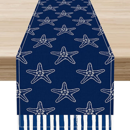 Starfish Table Runner, Summer Coastal Navy Blue Nautical Tropical Rustic Farmhouse Coffee Table Center Decor for Home Kitchen Dining Patio Holiday Party Table Decorations 13"x36"