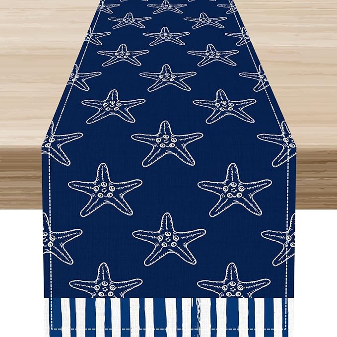 Starfish Table Runner, Summer Coastal Navy Blue Nautical Tropical Rustic Farmhouse Coffee Table Center Decor for Home Kitchen Dining Patio Holiday Party Table Decorations 13"x108"