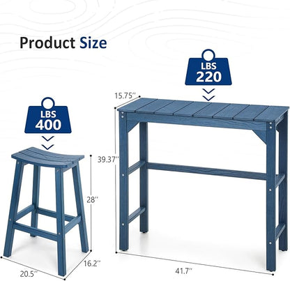 3 Piece Outdoor Bar Set, 42" Rectangular Pub Height High Top Bar Table & 2 Outdoor Bar Stools for Patio, Garden, Poolside and Bistro, Weatherproof, Blue