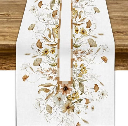 Autumn Wildflower Table Runner, Fall Yellow Flowers Leaves Thanksgiving Table Runner for Holiday Indoor Outdoor Home Party, 13x120inch