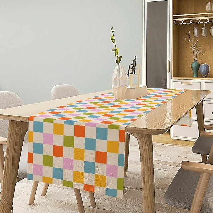 Retro Checkered Table Runner, 60s 70s Summer Seasonal Table Runners for Kitchen Dining Indoor Outdoor Holiday Home Wedding Party 13x120in