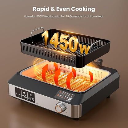 Kismile 2-in-1 Griddle and Indoor Grill,Electric Smokeless Grill with Temperature Probe,Temperature Control & display screen,Portable Smoke-Free Griddle for Indoor Steaks,Vegetables,Family Cooking