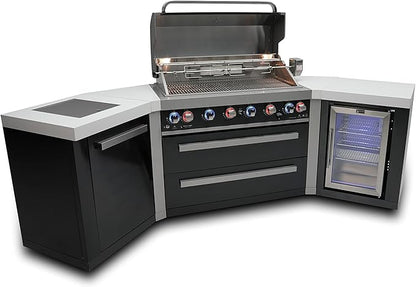 Mont Alpi MAi805-BSS45FC 44-inch 6-Burner 115000 BTU 45 Degree Black Stainless Steel Gas Outdoor Kitchen Bar Island Grill w/Fridge Cabinet + Infrared Side & Rear Burner