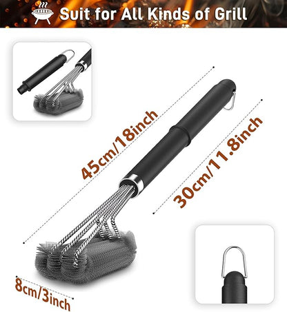BBQ Grill Cleaning Brush, Heavy Duty Grill Cleaning Brush for Outdoor Grill, 3-Branch Stainless Steel Bristles Cleaner for Easier and Effective Clean, BBQ Tools for Gas/Charcoal Grilling Grates