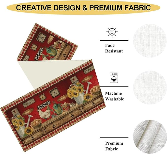 Rooster Table Runner, Rustic Farmhouse Country Cottage Farm Animal Sunflower Retro Checked Table Runner Seasonal Holiday Home Kitchen Dining Table for Home Party Decor 13"x72"