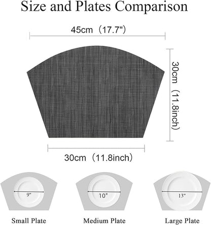 SHACOS Small Round Table Placemats Wedge Placemat Set of 4 Non Slip Heat Resistant Woven Vinyl Table Mats Wipe Clean Indoor Outdoor (4, Black Gray)