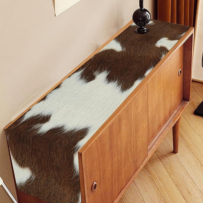 Cow Print Table Runner, Brown Cowhide Print Western Style Table Runner Country Farmhouse Cottage Cow Pattern Linen Table Decoration for Home Kitchen Dining 13x90